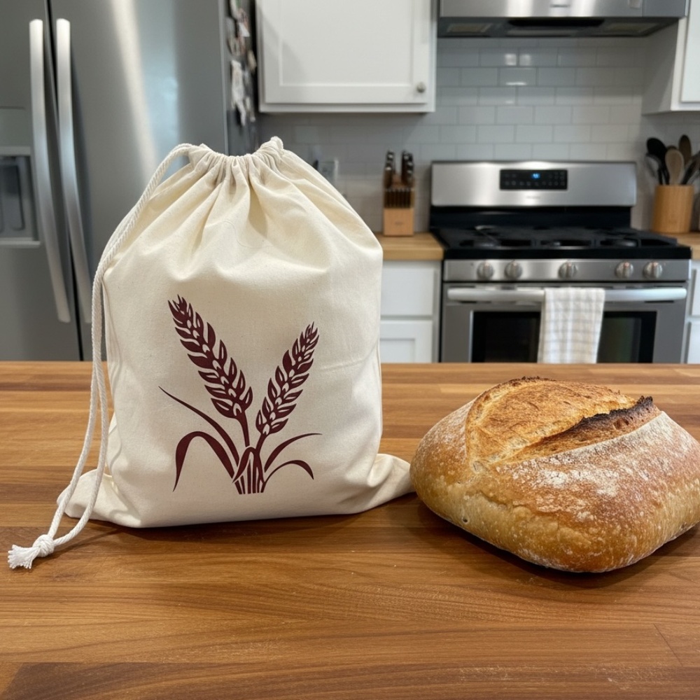 Wheat Stalk Muslin Bread Bag, Rustic Sourdough Handmade Reusable Bread Keeper